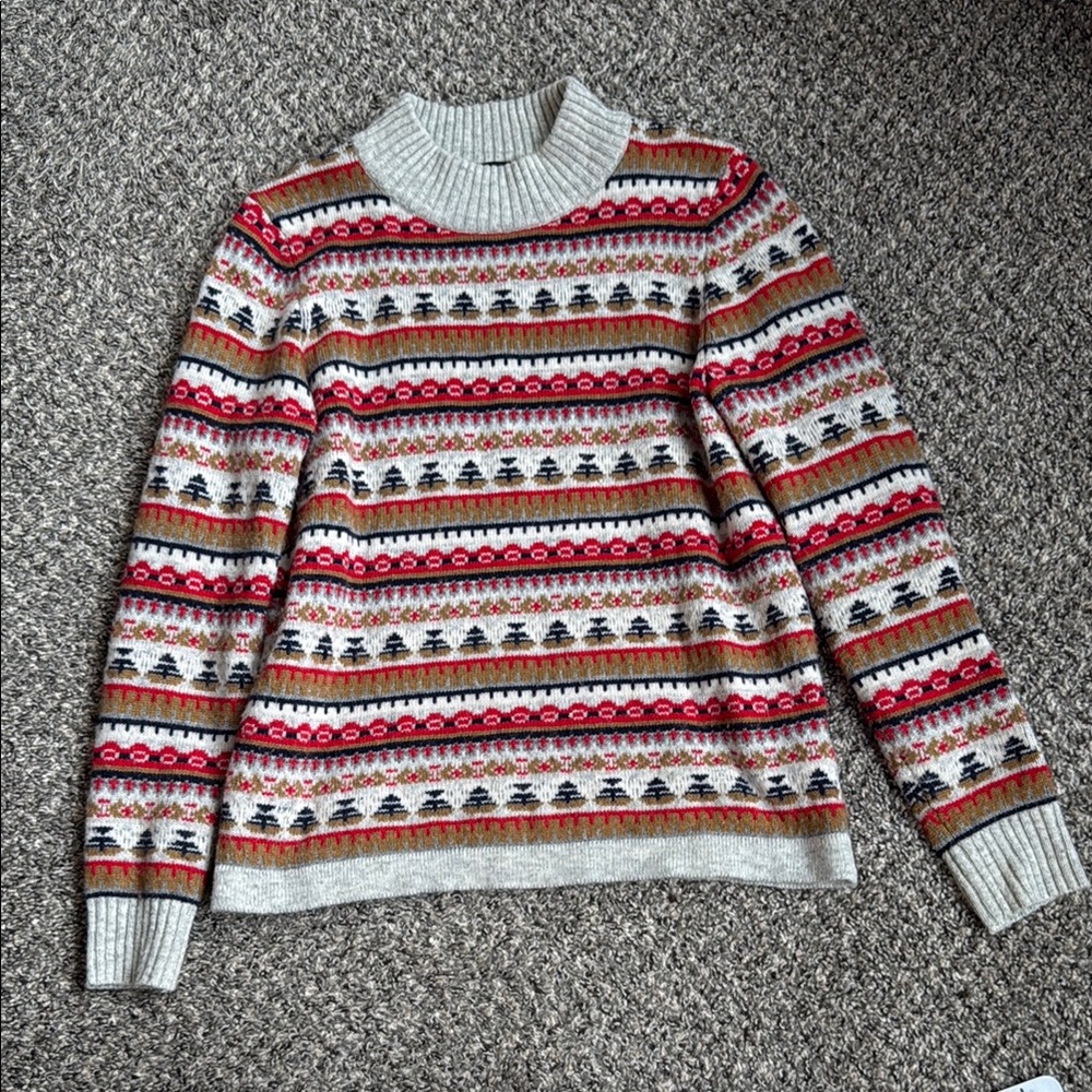 J.Crew Gray and Red Turtleneck Fair Isle Sweater